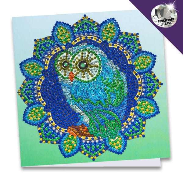 Diamond-Painting-Grußkarte, Strass, Eule, 16cm x 16cm, inkl. Zubehör