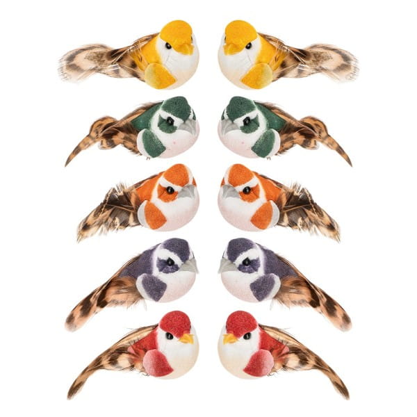 Deko-Federvögel, Sortierung 4, 2,2cm x 5cm x 2,5cm, 5 Farben, 10 Stück