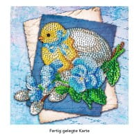 Diamond-Painting-Grußkarte, Strass, Küken mit Ei und blauen Blüten, 16cm x 16cm, inkl. Zubehör