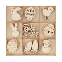 Streu-Deko, Holz, Frohe Ostern, 9 versch. Designs, je 6 Stück, 54-teilig