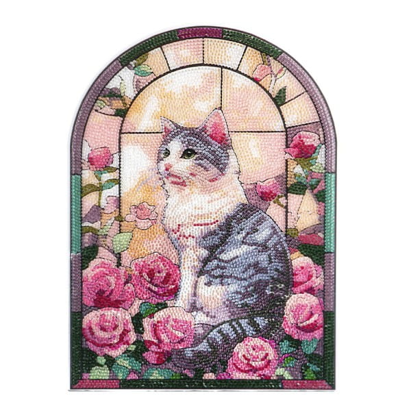 Diamond-Painting-Fensterbild, Glaskunst-Optik XL, Katze mit Rosen, 24,7cm x 35,6cm, 500µ