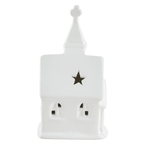 LED-Kirche, Porzellan, weiß, 12,5cm x 7cm x 5,2cm, 1 LED-Lämpchen warmweiß, inkl. 2 Knopfzellen