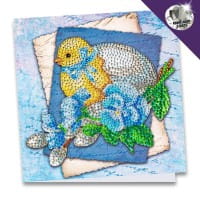 Diamond-Painting-Grußkarte, Strass, Küken mit Ei und blauen Blüten, 16cm x 16cm, inkl. Zubehör