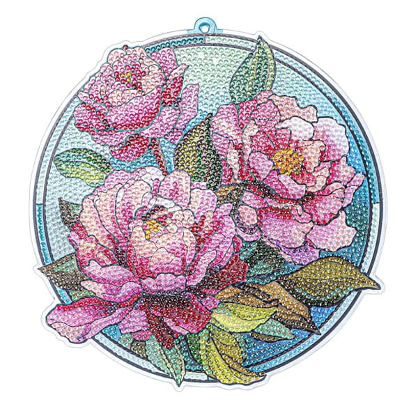 Diamond-Painting-Fensterbild, Glaskunst-Optik, Pfingstrosen, 19,8cm x 19,1cm