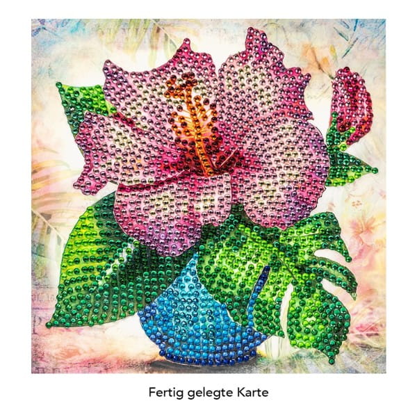Diamond-Painting-Grußkarte, Strass, Hibiskus in Vase, 16cm x 16cm, inkl. Zubehör