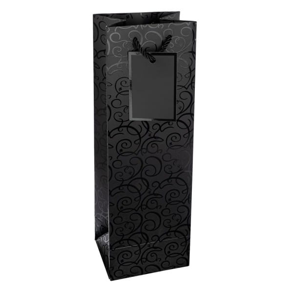 Geschenktaschen für Flaschen, 36cm x 12cm x 10cm, 230g/m², Lack-Ornamentik, matt-schwarz, 10 Stück
