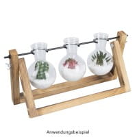 Glas-Vasen im Holzständer, 3 Glas-Vasen: Ø 6,5cm, 10cm hoch, Holzständer: 27cm breit
