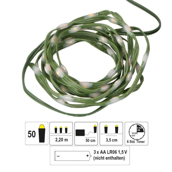 LED-Micro-Lichterkette, warmweiß, inkl. Timer, grünes Soft-Kabel, 50er