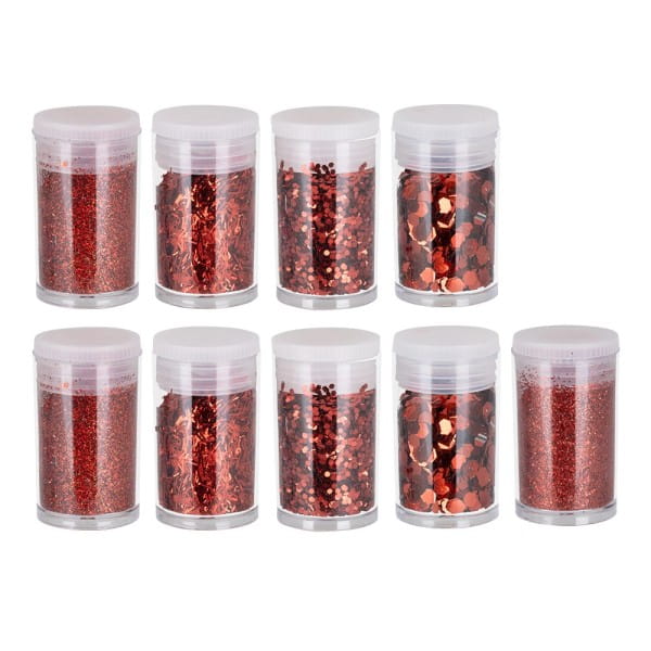 Deko-Glitzer Vielfalt, 9 Dosen mit je 2g, 5 Variationen, rot | Glimmer | Strass & Streu-Deko | Deko- & Geschenkartikel