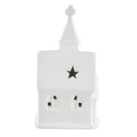 LED-Kirche, Porzellan, weiß, 12,5cm x 7cm x 5,2cm, 1 LED-Lämpchen warmweiß, inkl. 2 Knopfzellen