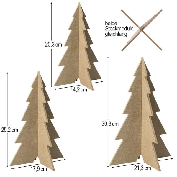 Tannenbaum-Rohlinge, zum Aufstellen, 3 verschiedene Größen, 4mm stark, 3 Stück