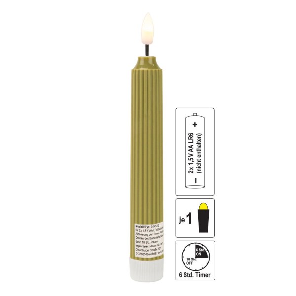 LED-Stabkerzen, grün, Ø2cm, 19cm hoch, LED in warmweiß, mit Flacker-Effekt und Timer, 2 Stück