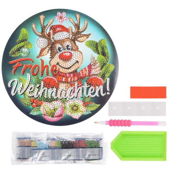 Diamond-Painting-Fensterbild, Rentier Rudolph - Frohe Weihnachten!, Ø18,3cm, inkl. Zubehör