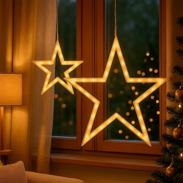 LED-Stern-Rahmen zum Aufhängen, 2 Größen, 26/49 LEDs in Warmweiß, Timer-Funktion, 2 Stück