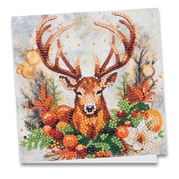 Diamond-Painting-Grußkarte, Hirsch mit winterlicher Deko, 16cm x 16cm, inkl. Zubehör