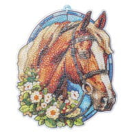 Diamond-Painting-Fensterbild, Glaskunst-Optik, Pferdekopf mit Blüten, 20,2cm x 17cm