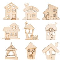 Streu-Deko, Holz, Wichtel-Häuser, 9 versch. Designs, je 7 Stück, 1,6mm stark, natur, 63 Teile