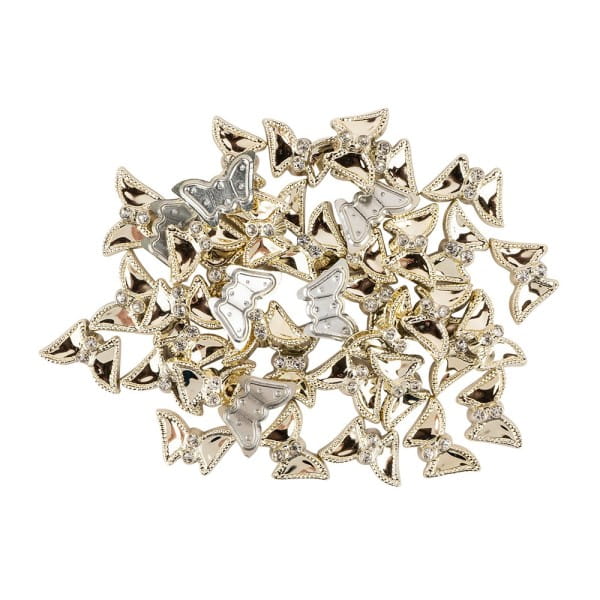 Premium-Schmucksteine, Schmetterling, 2cm x 1,2cm x 0,5cm, hellgold, mit Glaskristallen, 40 Stück