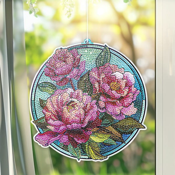 Diamond-Painting-Fensterbild, Glaskunst-Optik, Pfingstrosen, 19,8cm x 19,1cm