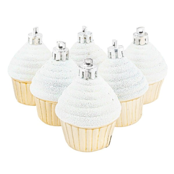 Baumschmuck, Cupcakes, Ø 4cm, 5,6cm hoch, glänzend hellgold, weißer Glitzer, 6 Stück