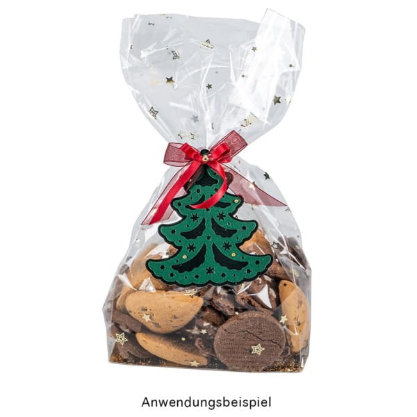 Blockbodenbeutel, Sterne, 12cm x 8cm, 25cm hoch, goldener Foliendruck & Einlegeboden, 30 Stück