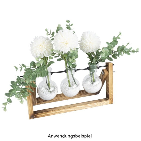 Glas-Vasen im Holzständer, 3 Glas-Vasen: Ø 6,5cm, 10cm hoch, Holzständer: 27cm breit