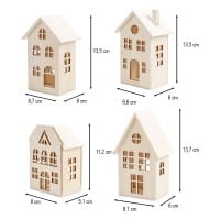 Häuser aus Holz, Sortierung 3, 4 verschiedene Größen und Designs, mit Öffnung, 4 Stück