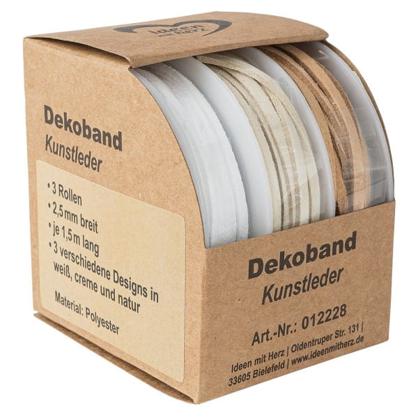 Dekoband, Kunstleder, 2,5mm breit, je 1,5m lang, versch. Designs, weiß, creme, natur, 3 Rollen