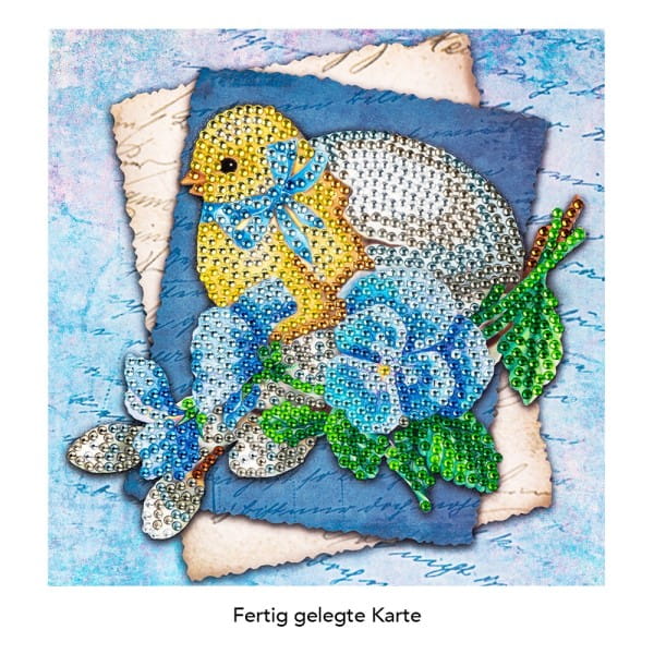 Diamond-Painting-Grußkarte, Strass, Küken mit Ei und blauen Blüten, 16cm x 16cm, inkl. Zubehör