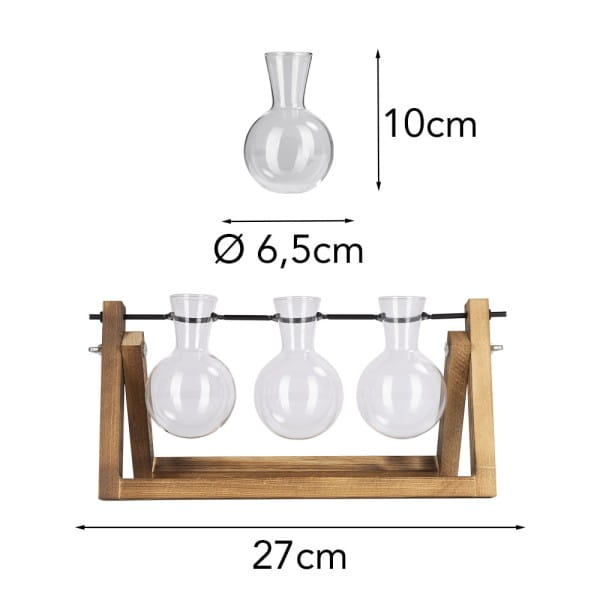 Glas-Vasen im Holzständer, 3 Glas-Vasen: Ø 6,5cm, 10cm hoch, Holzständer: 27cm breit