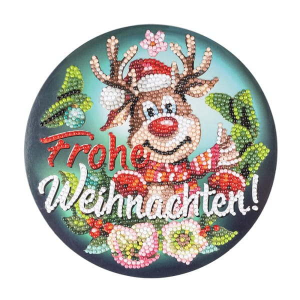 Diamond-Painting-Fensterbild, Rentier Rudolph - Frohe Weihnachten!, Ø18,3cm, inkl. Zubehör