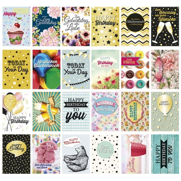 Postkarten, Geburtstag, 10,5cm x 14,8cm, 250 g/m², 24 verschiedene Designs, 24 Stück