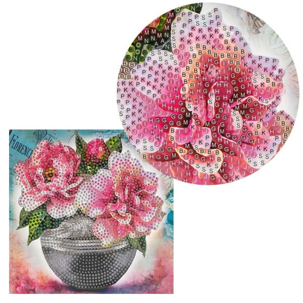 Diamond-Painting-Grußkarte, Strass, Pfingstrosen in Vase, 16cm x 16cm, inkl. Zubehör