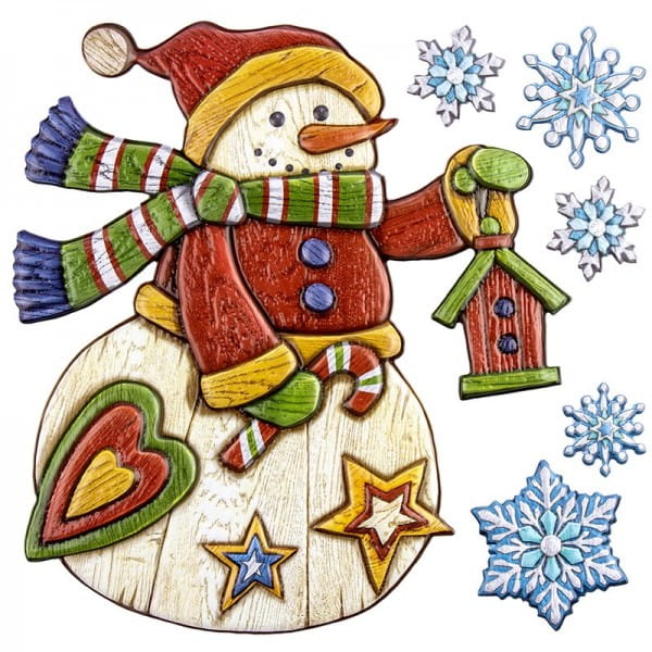 Relief-Sticker in Holzoptik, Schneemann mit Vogelhäuschen, 18cm x 17,5cm