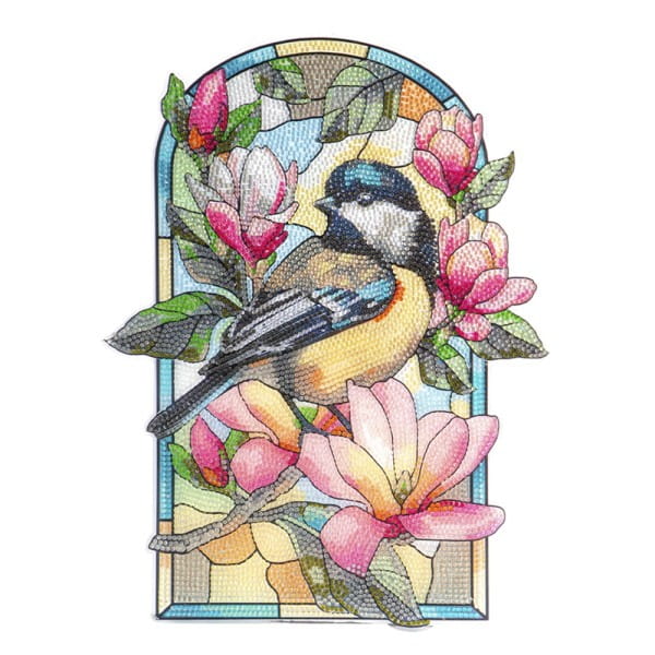 Diamond-Painting-Fensterbild, Glaskunst-Optik XL, Kohlmeise mit Magnolien, 26,8cm x 35,6cm, 500µ