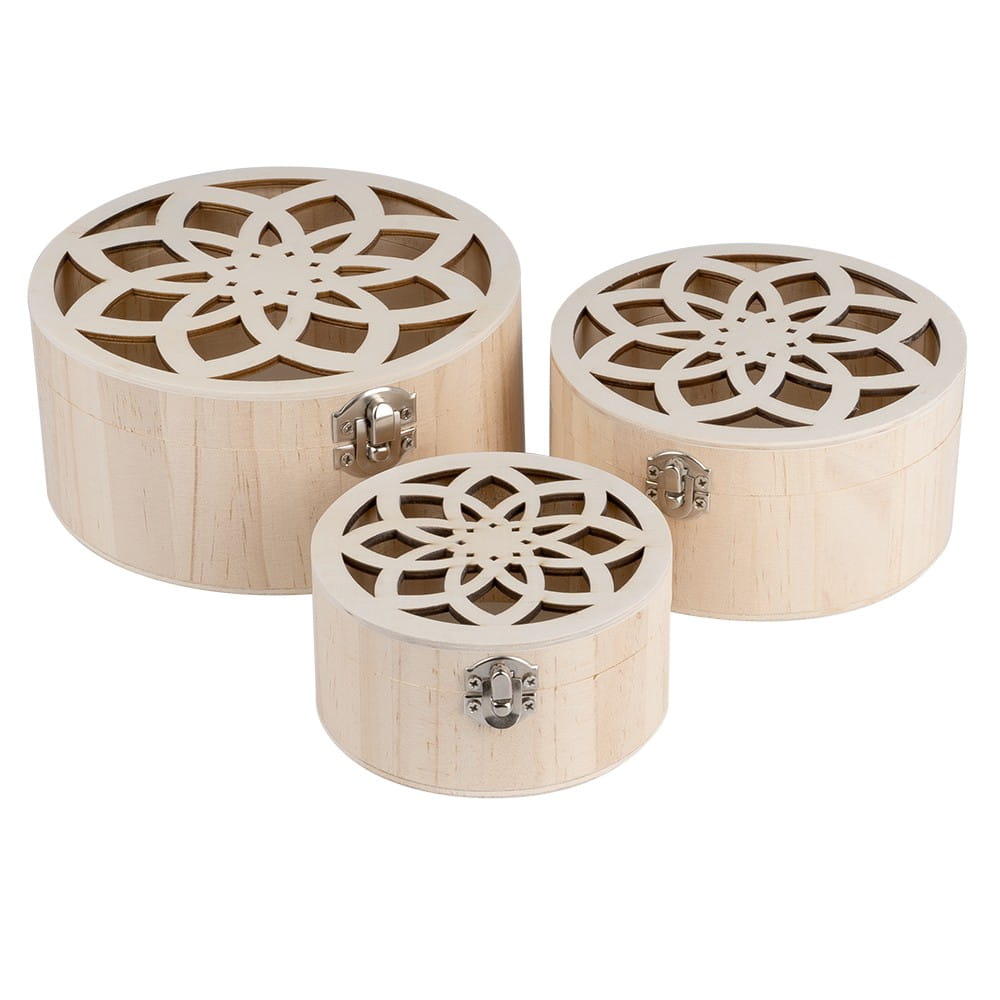 Boxen, Holz, rund, mit Laser-Ornamentik, verschiedene Größen, 3 Stück | Holzboxen | Holz | Bastelbedarf