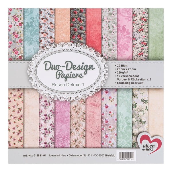 Duo-Design-Papiere, Rosen Deluxe 1, beidseitig bedruckt, 25cm x 25cm, 250g/m², 20 Blatt