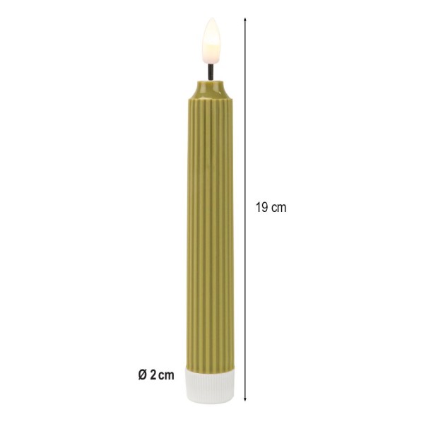 LED-Stabkerzen, grün, Ø2cm, 19cm hoch, LED in warmweiß, mit Flacker-Effekt und Timer, 2 Stück
