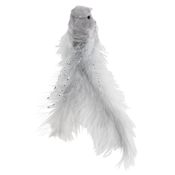 Plüsch-Federvögel, 15cm x 3,5cm x 3,5cm, grau mit silbernen Highlights, mit Clip, 3 Stück