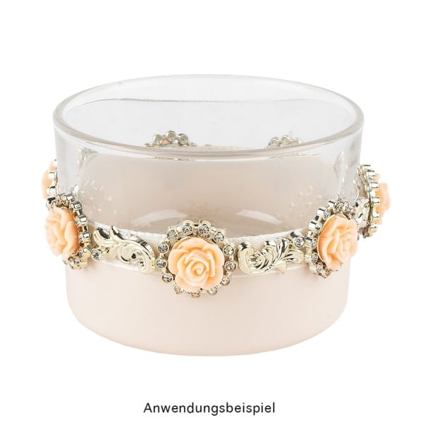 Premium-Schmucksteine, Rosenblüte 2, Ø 2cm, hellgold, mit Blüte in Lachs & Glaskristallen, 17 Stück