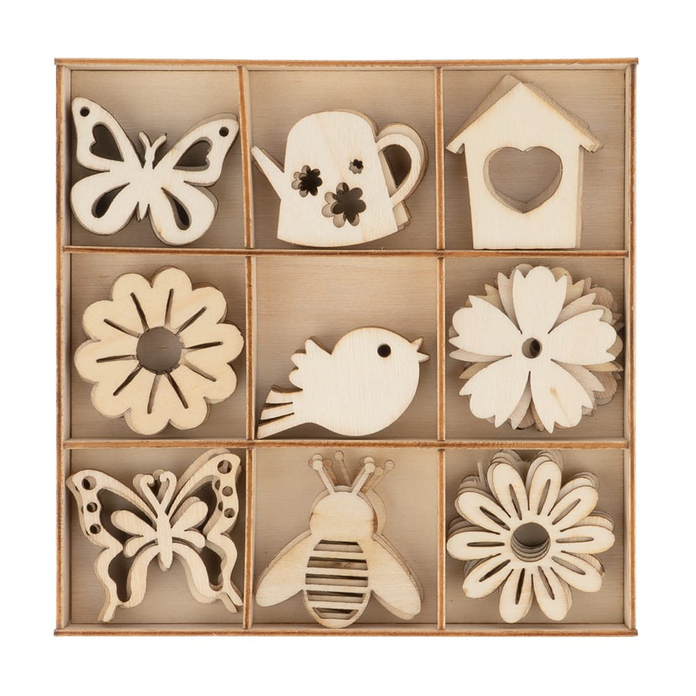 Streu-Deko, Holz, Frühling, 9 versch. Designs, je 6 Stück, 54-teilig | Streu-Deko aus Holz | Holz | Bastelbedarf