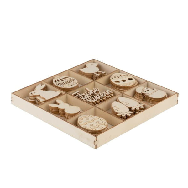 Streu-Deko, Holz, Frohe Ostern, 9 versch. Designs, je 6 Stück, 54-teilig