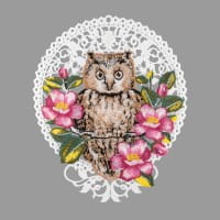 Stick-Design XL, Eule mit Wildrose, 22cm x 19,3cm, farbig, mit Aufhänge-Öse