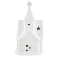 LED-Kirche, Porzellan, weiß, 12,5cm x 7cm x 5,2cm, 1 LED-Lämpchen warmweiß, inkl. 2 Knopfzellen