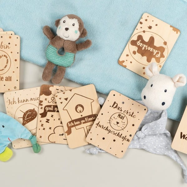 Meilensteinkarten Baby, Mein erstes Jahr, aus Holz, beidseitig gestaltet, 20 Stück