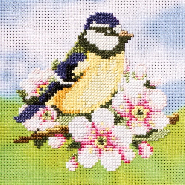 Stickbild-Set, malerischer Hintergrund,  14,5x14,5cm, Meise