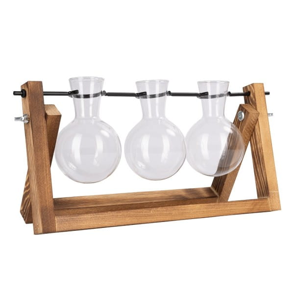 Glas-Vasen im Holzständer, 3 Glas-Vasen: Ø 6,5cm, 10cm hoch, Holzständer: 27cm breit