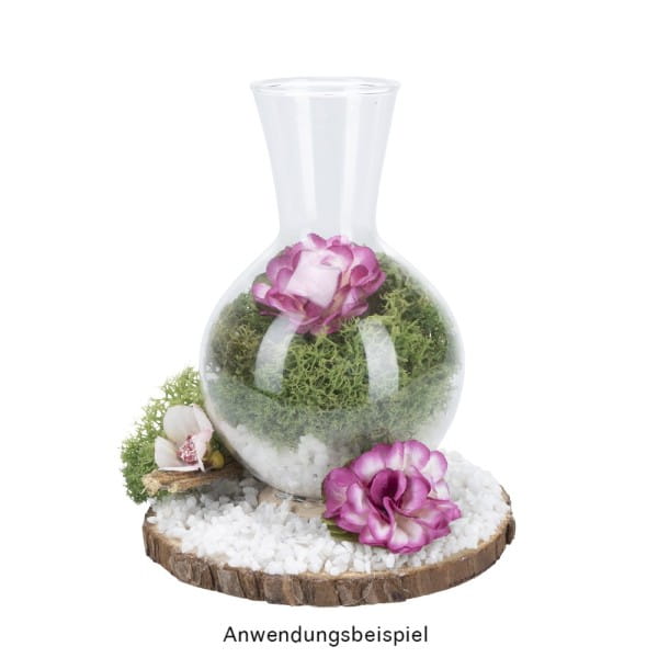 Glas-Vasen im Holzständer, 3 Glas-Vasen: Ø 6,5cm, 10cm hoch, Holzständer: 27cm breit