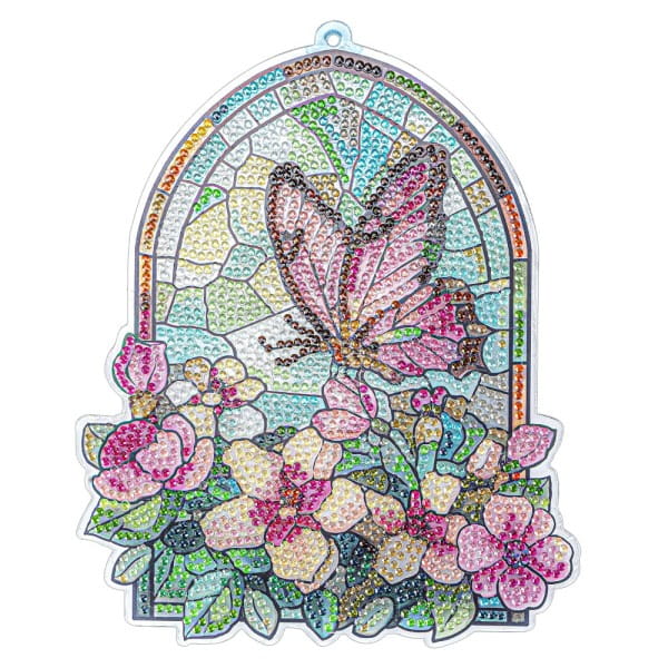 Diamond-Painting-Fensterbild, Glaskunst-Optik, Schmetterling mit Blüten, 20,1cm x 16,4cm