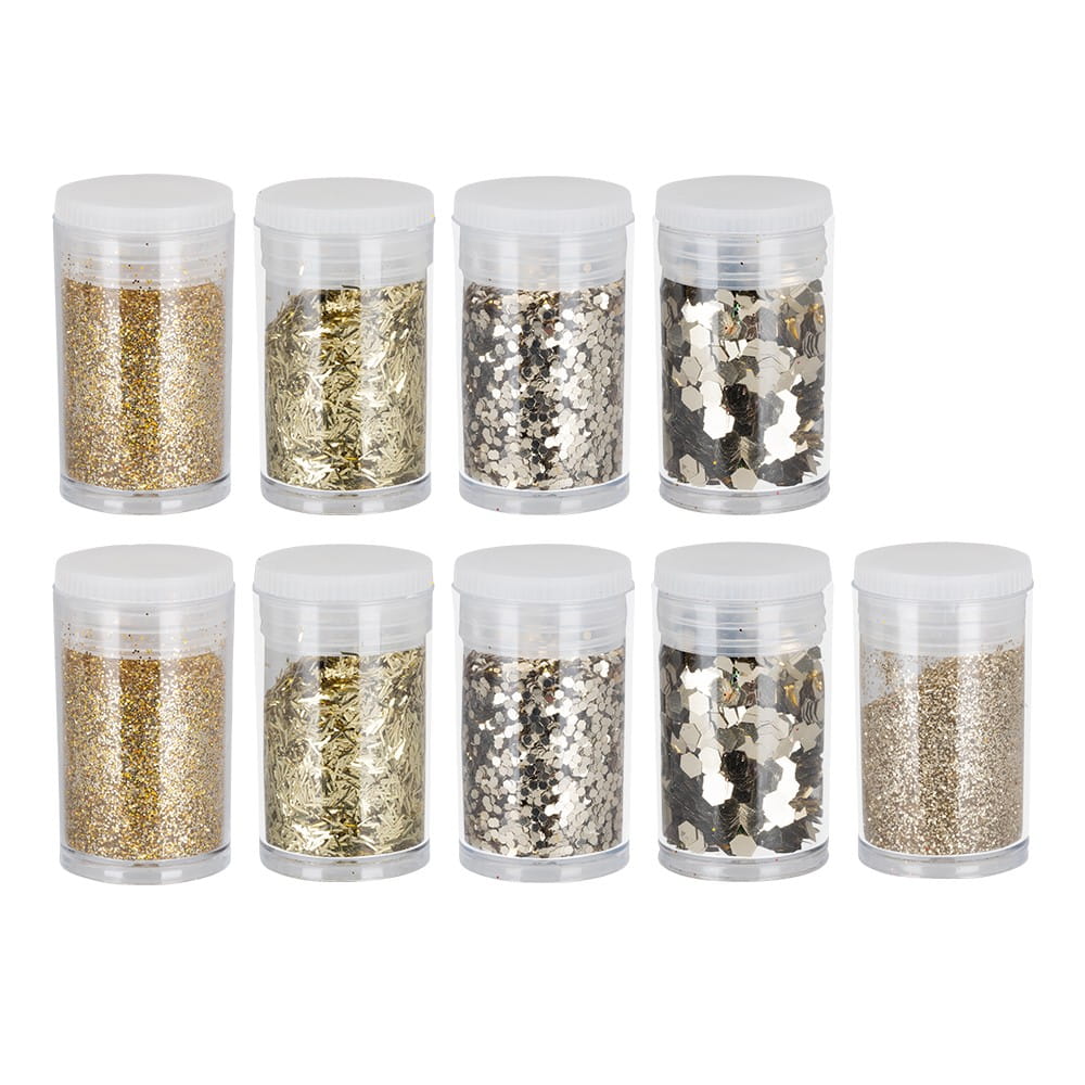 Deko-Glitzer Vielfalt, 9 Dosen mit je 2g, 5 Variationen, hellgold | Glimmer | Strass & Streu-Deko | Deko- & Geschenkartikel